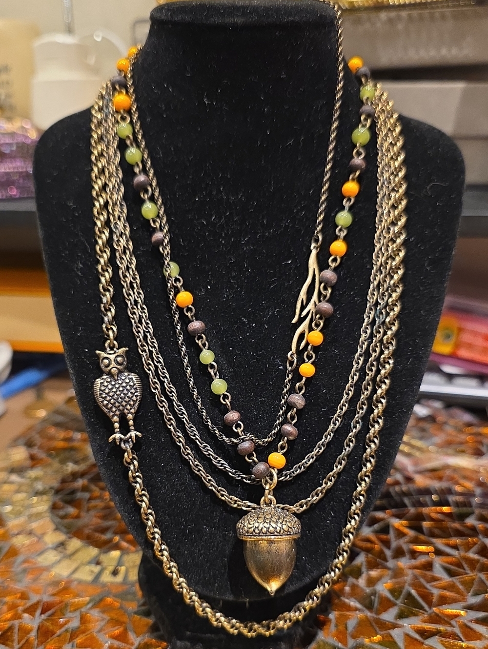 Antique Gold Multi-Strand Owl & Acorn Necklace with Green and Orange Beads